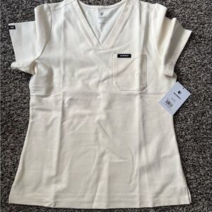 Jaanuu Cream V-Neck Short Sleeve Scrub Top